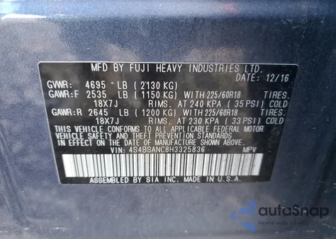 2017 Subaru Outback 2.5I Limited z USA, uszkodzony, nr VIN 4S4BSANC8H3325836